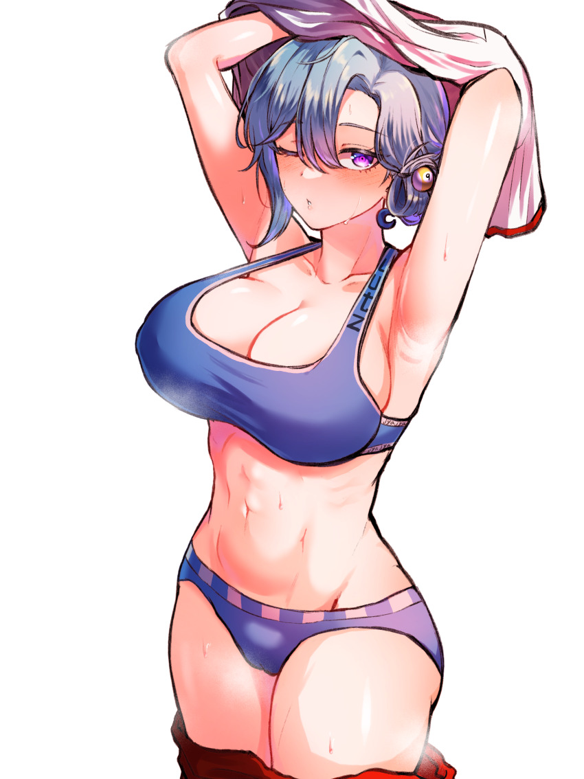 1girl, absurdres, armpits, arms_up, bikini, blue_bikini, blue_hair, blush, breasts, chiebukuro_setsuka, cleavage, collarbone, danganronpa_(series), danganronpa_another, folded_ponytail, hair_between_eyes, hair_ornament, highres, large_breasts, light_blue_hair, looking_at_viewer, monja_(jyamong_0907), navel, one_eye_closed, pants, red_pants, shiny_skin, smile, solo, stomach, super_danganronpa_another_2, sweat, swimsuit, undressing