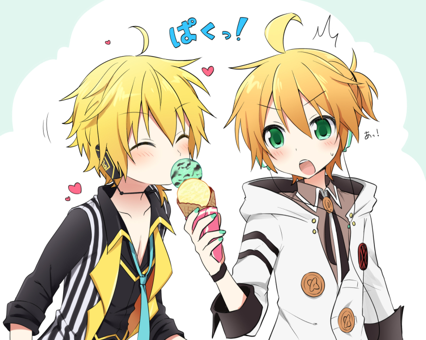 ^^^, aqua_necktie, black_shirt, blonde_hair, blush, closed_eyes, collarbone, commentary