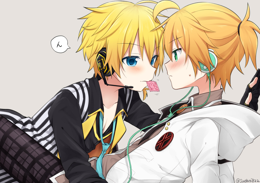 2boys, aqua_eyes, aqua_necktie, black_pants, black_shirt, blonde_hair, blue_eyes, blush, cable, condom, condom_in_mouth, condom_wrapper, dual_persona, grey_background, headphones, headset, highres, hood, hoodie, kagamine_len, kagamine_len_(holy_lancer), kagamine_len_(white_edge), leaning_back, leaning_on_person, looking_at_another, male_focus, mouth_hold, multiple_boys, necktie, pants, plaid_clothes, plaid_pants, ponytail, project_diva_(series), selfcest, shirt, short_ponytail, sitting, speech_bubble, striped_clothes, striped_shirt, sudachi_(calendar), translated, twitter_username, vocaloid, white_hoodie, yaoi