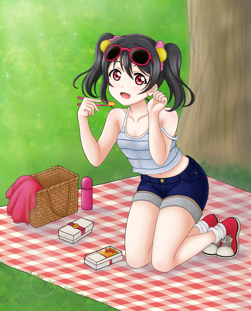 1girl, bento, black_hair, breasts, camisole, chopsticks, denim, denim_shorts