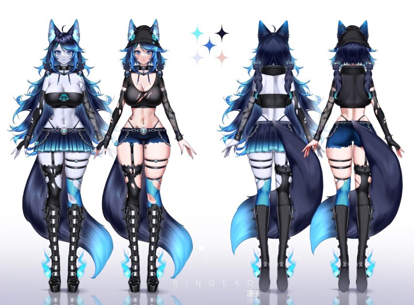 1girl, animal_ear_fluff, animal_ears, ass, asymmetrical_legwear, back, black_collar, black_footwear