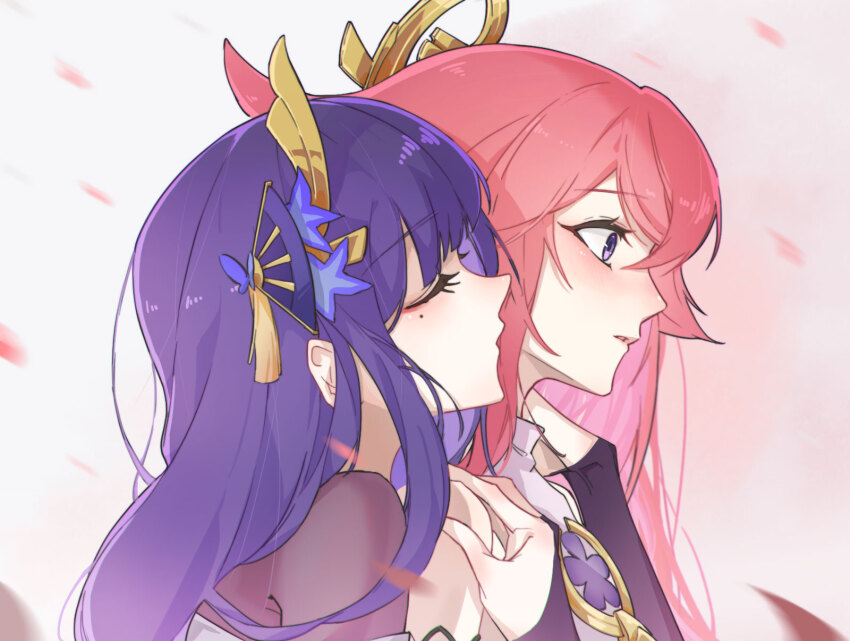 2girls, animal_ears, bare_shoulders, blunt_bangs, bridal_gauntlets, chinese_commentary, commentary_request, couple