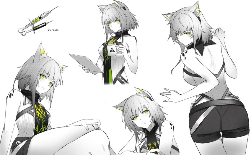 1girl, animal_ear_fluff, animal_ears, arknights, breasts, character_name, cowboy_shot, cropped_torso