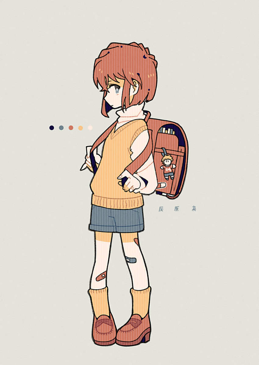 1girl, backpack, bag, bandaid, bandaid_on_leg, blue_eyes, blue_shorts, brown_hair, brown_shoes, brown_socks, brown_sweater_vest, character_name, full_body, grey_background, haibara_ai, hair_between_eyes, highres, higo_ryuusuke, knees_apart_feet_together, long_bangs, looking_at_viewer, meitantei_conan, randoseru, shirt, shoes, short_hair, short_sleeves, shorts, sidelocks, simple_background, socks, solo, sweater_vest, tenteko_mai51, turtleneck, v-neck, white_shirt