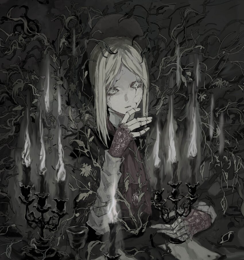 1girl, blonde_hair, bloodborne, bonnet, brown_cloak, candle, candlestand, cloak, doll_joints, expressionless, gloves, hat, highres, joints, long_hair, long_sleeves, monochrome, plain_doll, soldalepaz11, solo, upper_body, white_eyes