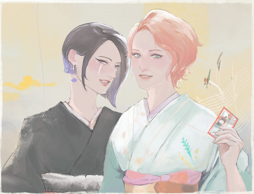 2girls, alternate_costume, apex_legends, bad_id, bad_pixiv_id, black_hair, black_kimono, blue_kimono, blush, catalyst_(apex_legends), earrings, hair_behind_ear, highres, holding, horizon_(apex_legends), japanese_clothes, jewelry, kimono, looking_at_viewer, multicolored_hair, multiple_girls, obi, open_mouth, orange_hair, parted_lips, purple_hair, rontu, sash, smile, streaked_hair, upper_body