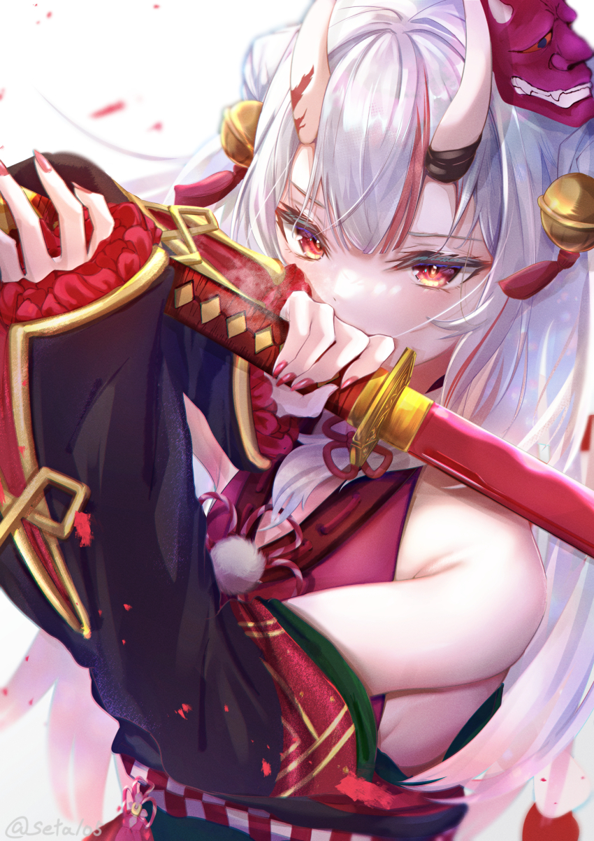 1girl, bell, detached_sleeves, hair_bell, hair_ornament, highres, holding, holding_sword