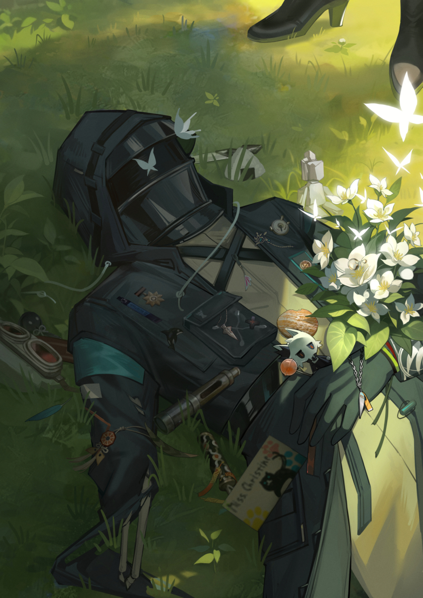 1girl, 1other, 9chung, ambiguous_gender, annotated, arknights, black_footwear, bouquet, bug, butterfly, candy, character_doll, chinese_commentary, coat, commentary, cookie, doctor_(arknights), doll, feathers, flower, food, gloves, goggles, grass, grey_coat, grey_gloves, high_heels, highres, holding, holding_bouquet, hood, hood_up, hooded_coat, insect, jewelry, kal'tsit_(arknights), leaf, letter_opener, lollipop, lying, mask, on_back, onigiri, pendant, pin, pocket, rhodes_island_logo_(arknights), scroll, skeletal_arm, statue, telescope, teruterubouzu, ticket, white_butterfly, white_coat, white_flower