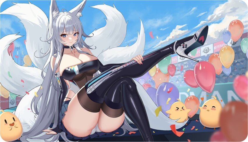 1girl, animal_ears, azur_lane, bare_shoulders, black_footwear, black_gloves, blue_eyes, boots, breasts, choker, cleavage, collarbone, elbow_gloves, fox_ears, fox_girl, fox_tail, full_body, gloves, high_heels, large_breasts, latex, leg_up, leotard, long_hair, looking_at_viewer, miniskirt, official_alternate_costume, otakueden1995, panties, pantyshot, pink_nails, pleated_skirt, race_queen, shinano_(azur_lane), shinano_(moonlit_chrome)_(azur_lane), skirt, smile, tail, thigh_boots, thighs, underwear, very_long_hair, white_hair