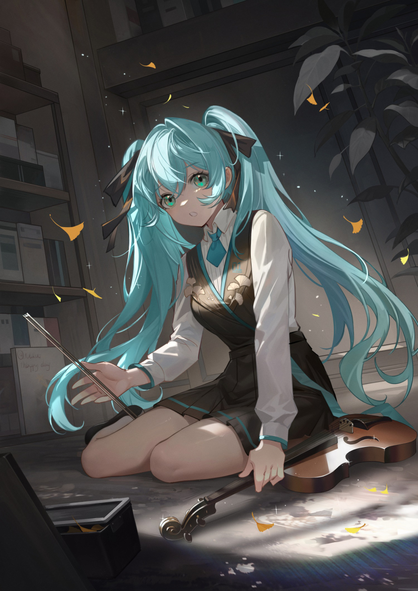 1girl, 9chung, :o, aqua_eyes, aqua_hair, aqua_necktie, black_ribbon, black_shoes, black_skirt, black_vest, bookshelf, bow_(music), collared_shirt, commentary, full_body, hair_between_eyes, hair_ribbon, hatsune_miku, highres, holding, holding_bow_(music), holding_instrument, holding_violin, indoors, instrument, long_hair, long_sleeves, looking_at_viewer, necktie, open_mouth, plant, potted_plant, ribbon, shirt, shoes, sitting, skirt, skirt_set, sleeve_cuffs, solo, untranslatable_commentary, twintails, very_long_hair, vest, violin, vocaloid, white_shirt, yokozuwari