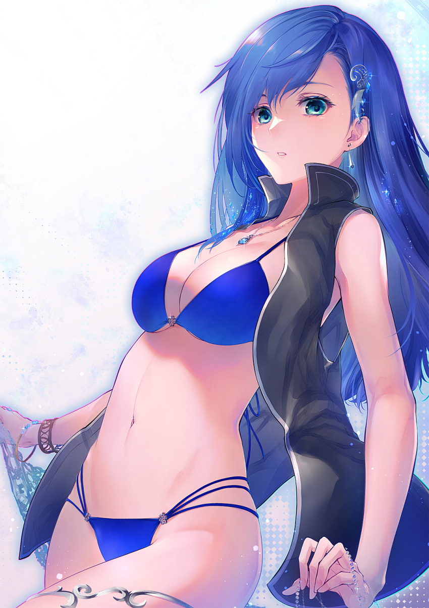 1girl, bikini, bikini_under_clothes, black_jacket, blue_bikini, blue_gem, blue_hair, breasts, cleavage, del_depths, earrings, gem, green_eyes, hair_ornament, hairclip, highres, jacket, jewelry, long_hair, looking_at_viewer, maria_traydor, medium_breasts, multi-strapped_bikini, navel, necklace, open_clothes, open_jacket, solo, star_ocean, star_ocean:_anamnesis, star_ocean:_till_the_end_of_time, straight_hair, string_bikini, swimsuit