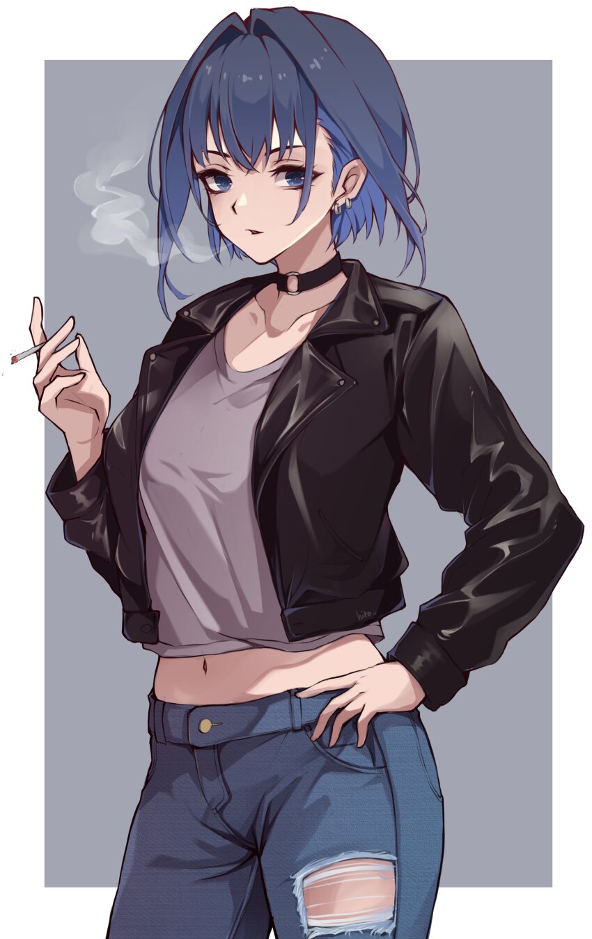 1girl, absurdres, black_choker, blue_eyes, blue_hair, choker, cigarette, contemporary