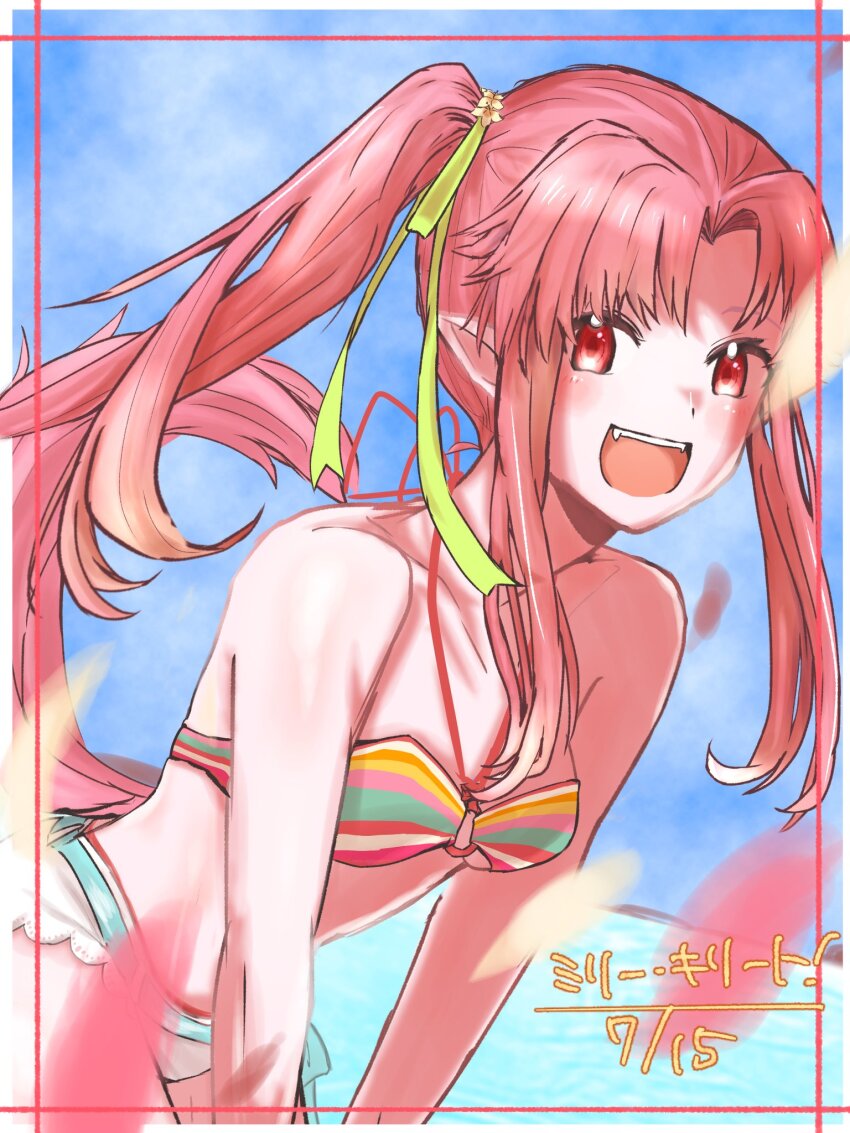 1girl, :d, bikini, breasts, collarbone, flower, hair_flower, hair_ornament