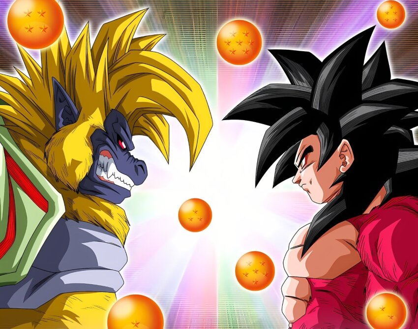 angry, baby_vegeta, black_hair, dragon_ball, dragon_ball_gt, facing_each_other, golden_oozaru, muscular