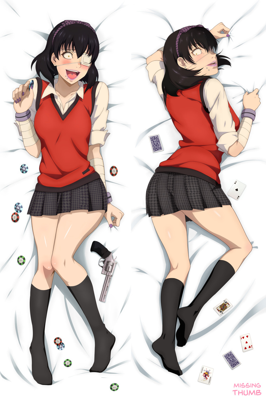 1girl, absurdres, artist_name, bandaged_arm, bandages, bed_sheet, black_hair, black_skirt, black_socks, blush, bow, bow_hairband, brown_eyes, card, collared_shirt, dakimakura_(medium), earrings, eyepatch, full_body, gun, hair_between_eyes, hairband, handgun, highres, houndstooth, hyakkaou_academy_school_uniform, ikishima_midari, jewelry, kakegurui, looking_at_viewer, looking_back, lying, missingthumb, multiple_views, on_back, on_stomach, one_eye_covered, open_mouth, piercing, playing_card, pleated_skirt, poker_chip, purple_bow, purple_nails, red_sweater_vest, revolver, school_uniform, sheet_grab, shirt, short_hair, skirt, socks, sweater_vest, tongue_piercing, weapon, white_shirt