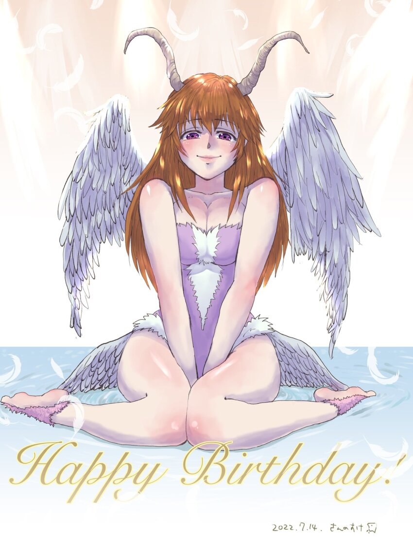 1girl, akura_(arc_the_lad), arc_the_lad, arc_the_lad_ii, barefoot, blush, breasts, cleavage, closed_mouth, dated, feathered_wings, feathers, full_body, happy_birthday, highres, horns, large_breasts, leotard, long_hair, looking_at_viewer, red_hair, sannosuke, smile, solo, wings
