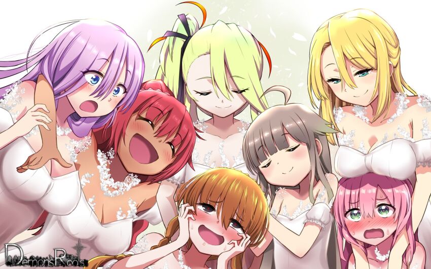 1boy, 6+girls, ahoge, akaimato, ange_(demonsroots), bare_shoulders, black_eyes, blonde_hair