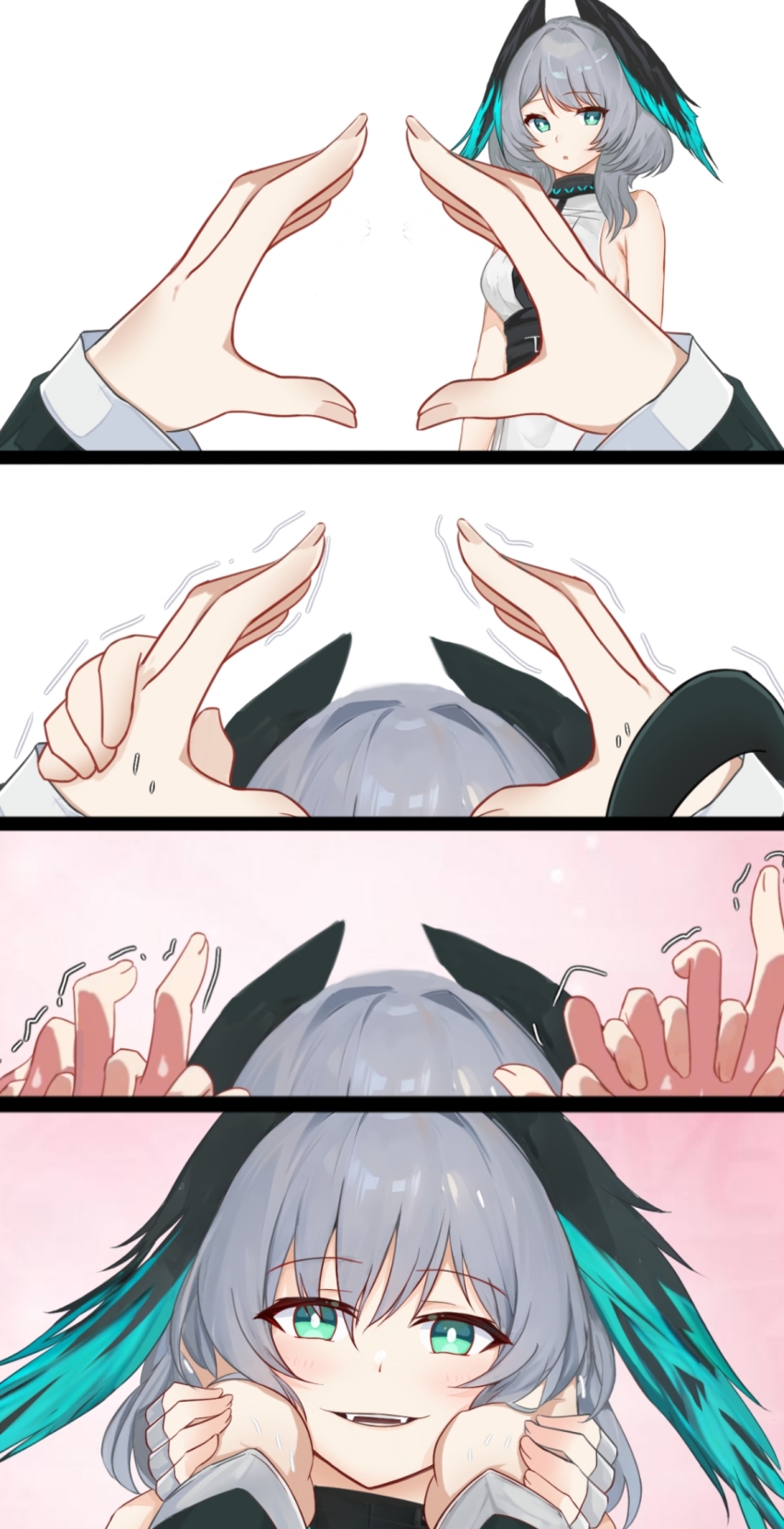 1girl, 1other, 4koma, :d, aqua_eyes, arknights, bare_shoulders, comic, commentary_request, doctor_(arknights), dress, fangs, grey_hair, head_wings, highres, ho'olheyak_(arknights), long_wuxian, looking_at_viewer, medium_hair, open_mouth, pov, sleeveless, sleeveless_dress, smile, snoot_challenge, white_dress, wings