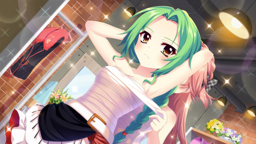 2girls, aqua_bag, armpits, arms_behind_head, bag, bare_shoulders, belt, black_skirt