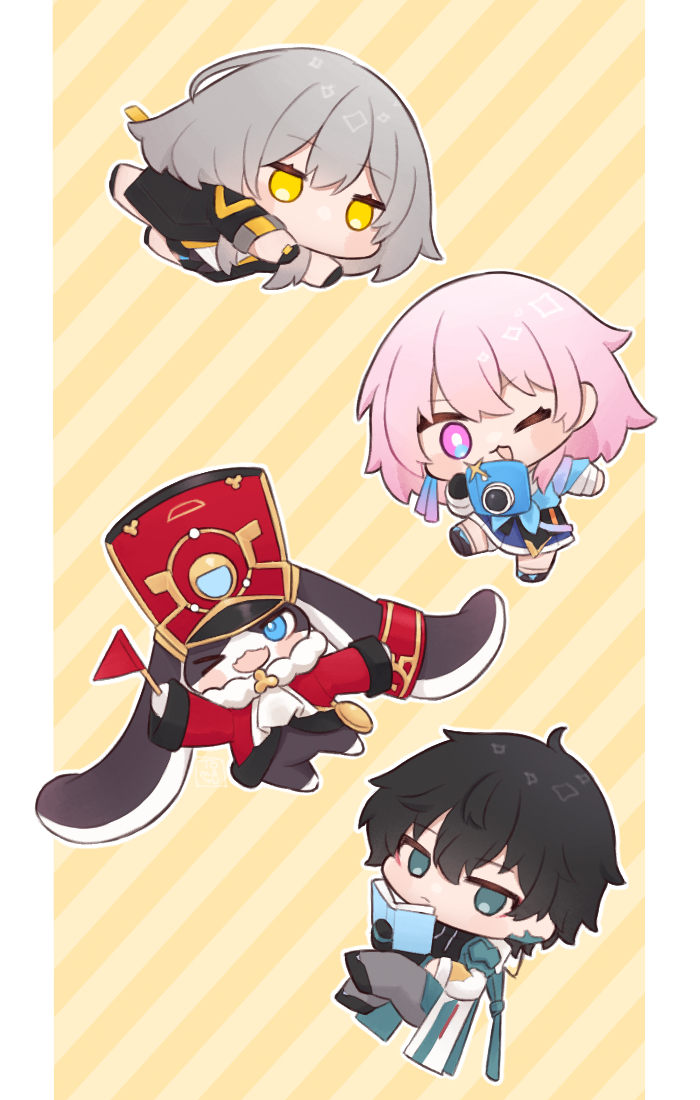 1boy, 1other, 2girls, 7mb_yut, :3, animal_ears, ascot, black_hair