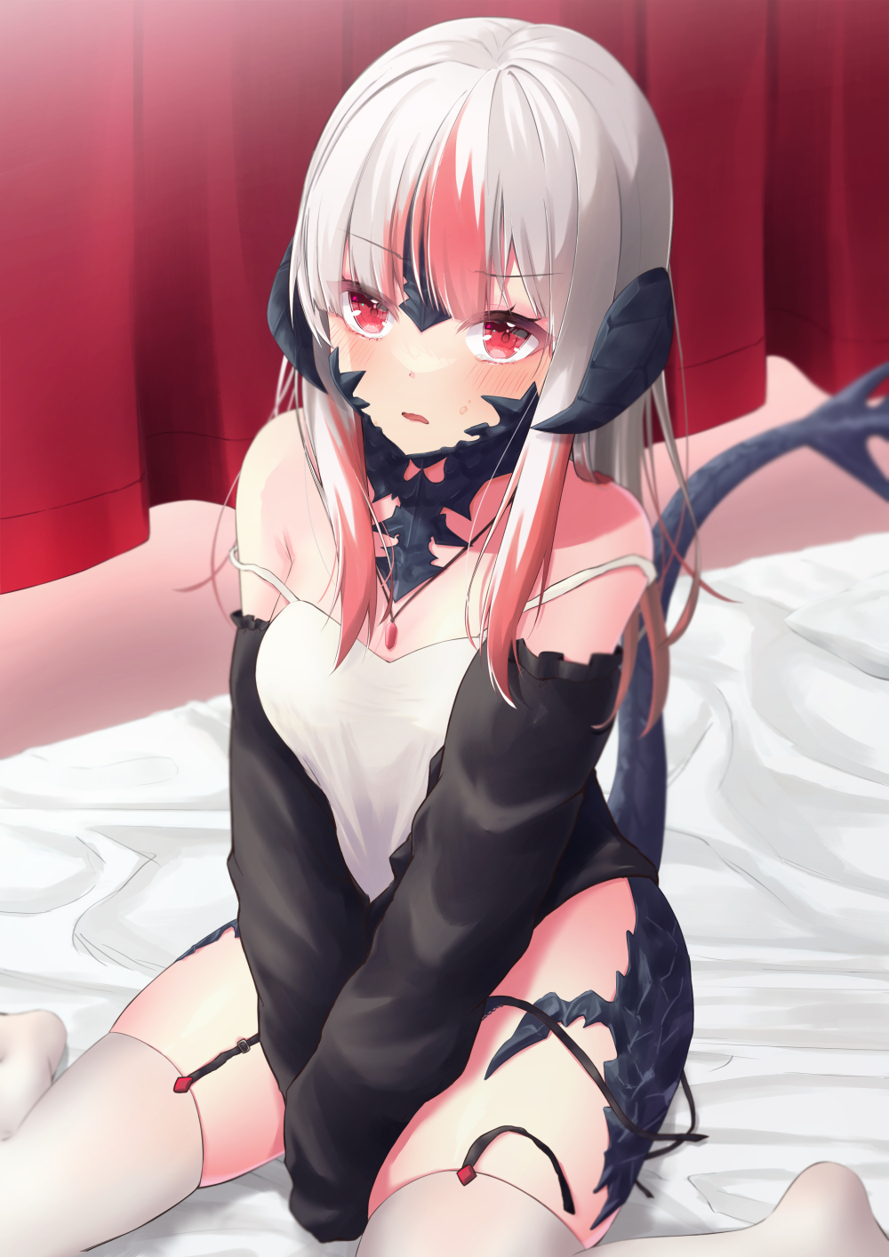 1girl, arms_between_legs, au_ra, blush, bottomless, commission, curtains, final_fantasy, final_fantasy_xiv, frown, garter_straps, highres, horns, ichiki_toki, jewelry, long_hair, long_sleeves, multicolored_hair, necklace, off_shoulder, on_bed, open_mouth, pink_hair, red_eyes, scales, sitting, skeb_commission, solo, spaghetti_strap, strap_slip, tail, tank_top, thighhighs, two-tone_hair, wariza, warrior_of_light_(ff14), white_hair