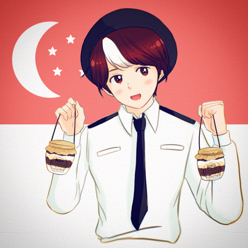 1boy, axis_powers_hetalia, belt, black_headwear, black_necktie, blush, brown_eyes, brown_hair