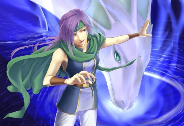 1990s_(style), androgynous, belt, cape, dragon, faris_scherwiz, female_focus, final_fantasy, final_fantasy_v, gender_request, green_eyes, headband, long_hair, open_mouth, outstretched_arm, pants, purple_hair, reverse_trap, siblings, syldra, water, wristband, yau, yuzelhu
