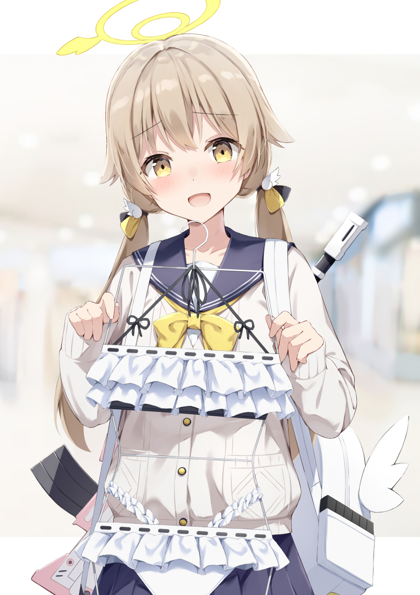 1girl, absurdres, assault_rifle, bag, bikini, blue_archive, blush, collarbone