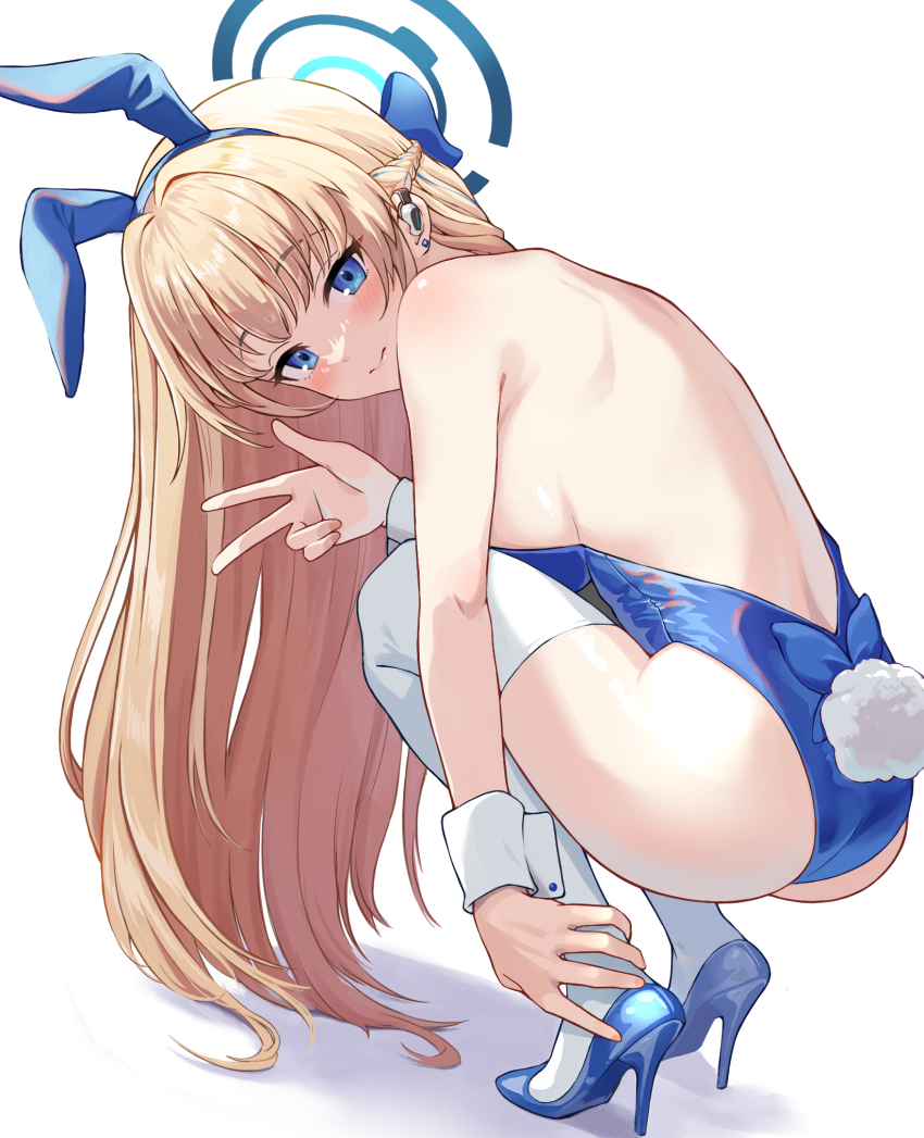 1girl, animal_ears, ass, backless_leotard, blonde_hair, blue_archive, blue_eyes, blue_footwear