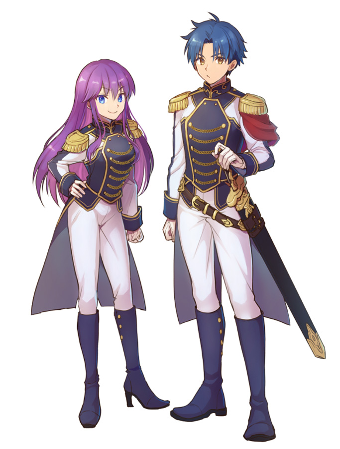 1boy, 1girl, blue_eyes, boots, closed_mouth, epaulettes, full_body, gloves