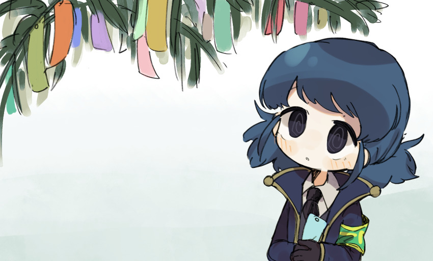 1girl, @_@, armband, black_gloves, black_hair, black_necktie, blue_hair, blue_jacket