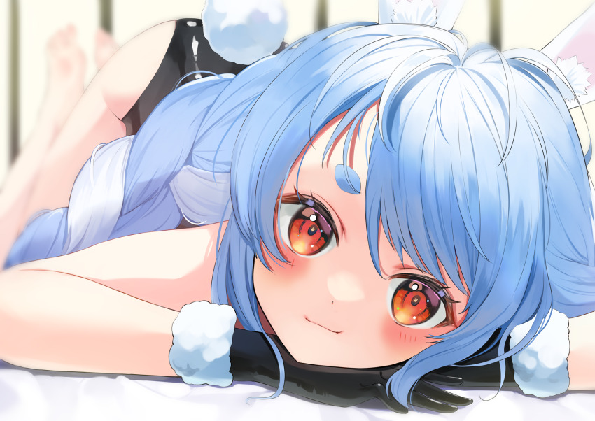 1girl, animal_ear_fluff, animal_ears, barefoot, black_gloves, black_leotard, blue_hair, blurry, blurry_background, blush, braid, closed_mouth, commentary_request, dadada, depth_of_field, eyebrows_hidden_by_hair, eyelashes, feet, feet_up, fur-trimmed_gloves, fur_trim, gloves, hair_between_eyes, highres, hololive, indoors, leotard, long_hair, looking_at_viewer, multicolored_hair, parted_bangs, rabbit_ears, rabbit_girl, rabbit_tail, red_eyes, short_eyebrows, sidelocks, smile, solo, swept_bangs, tail, thick_eyebrows, top-down_bottom-up, twin_braids, two-tone_hair, usada_pekora, virtual_youtuber, white_hair