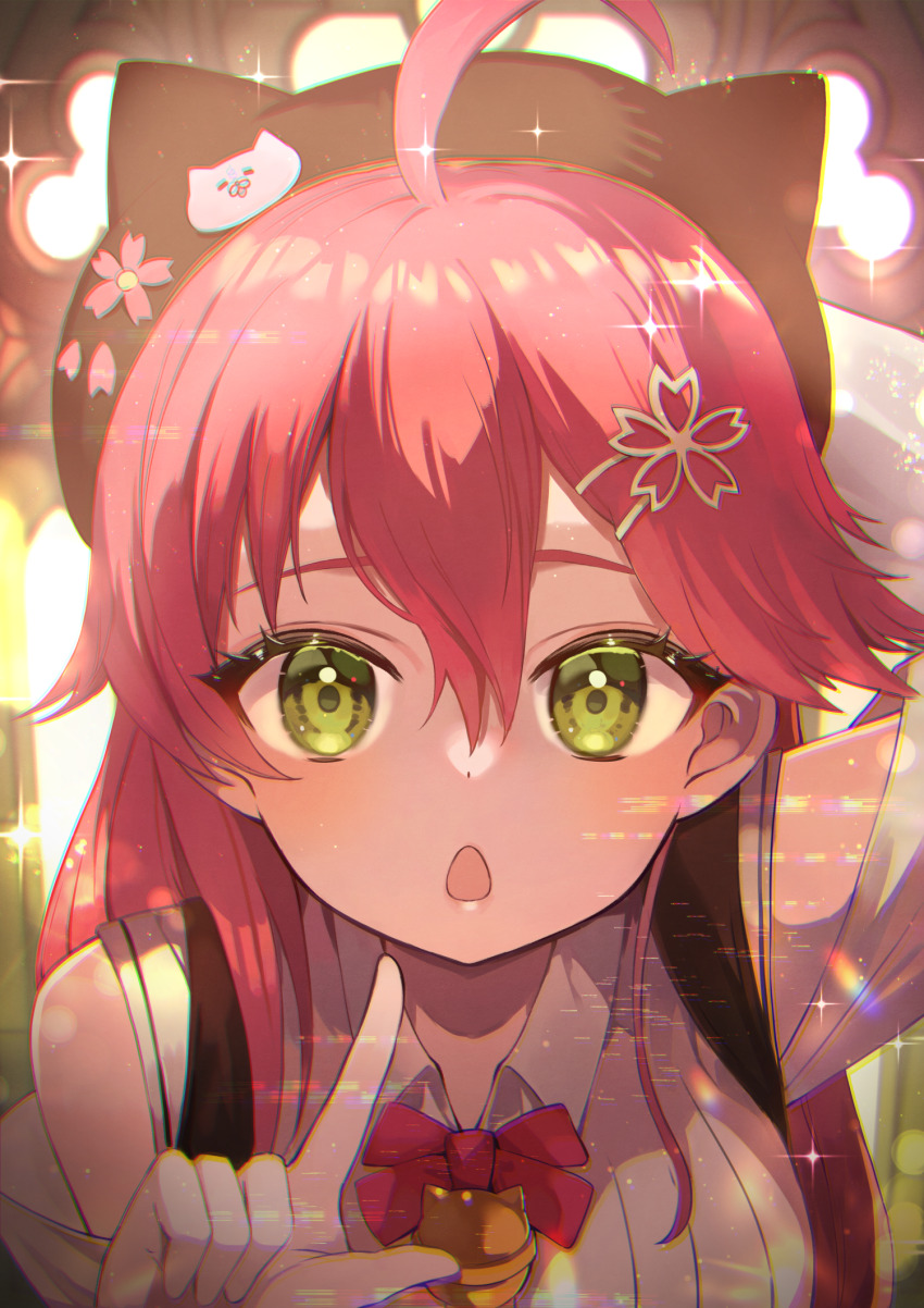 1girl, :o, ahoge, animal_ear_headwear, animal_ears, arm_behind_head, arm_up, bare_shoulders