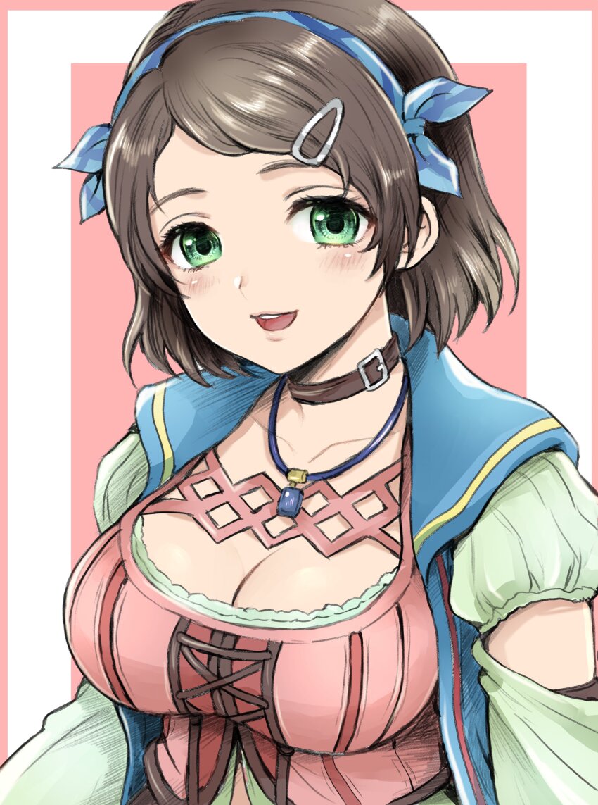 1girl, absurdres, black_choker, blue_hairband, breasts, brown_hair, choker, cleavage