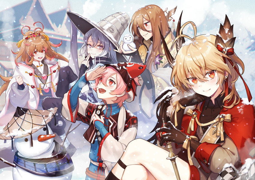 5boys, :d, antenna_hair, architecture, arm_warmers, bamboo_shoot, bandaged_leg, bandages