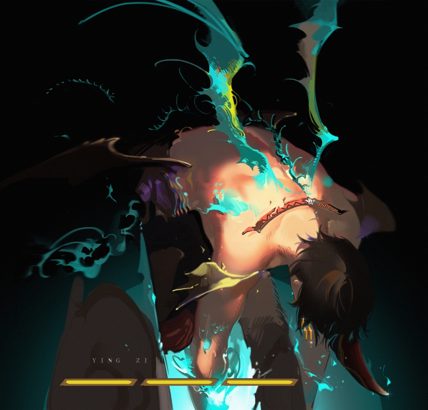 1boy, absurdres, adventurer_(ff14), artist_name, bent_over, black_background, blue_background, brown_hair