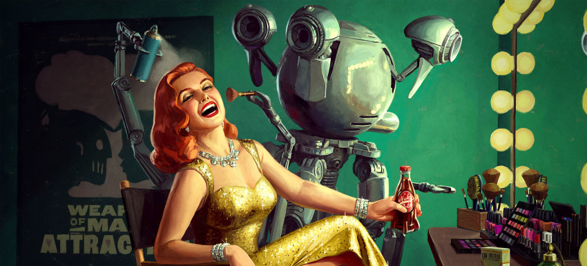 1girl, 1other, bracelet, cola, dress, dressing_room, drink, fallout