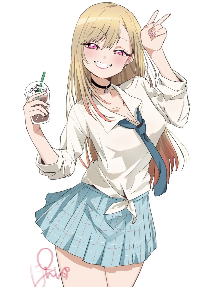barbell_piercing, black_choker, blonde_hair, blush, choker, ear_piercing, fake_nails, gyaru, highres, industrial_piercing, kitagawa_marin, long_hair, looking_at_viewer, multicolored_hair, piercing, ponshu_(ponshuislife), shirt, smile, solo, sono_bisque_doll_wa_koi_wo_suru, teeth
