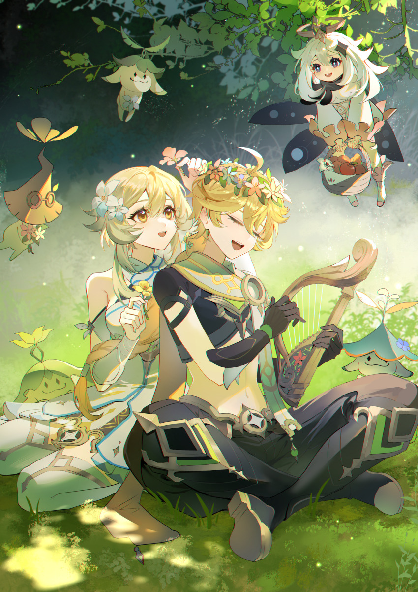 1boy, 2girls, :d, absurdres, aether_(genshin_impact), ahoge, apple, arakanta_(genshin_impact)