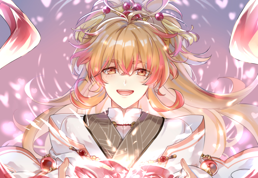 1boy, :d, absurdres, antenna_hair, blonde_hair, chinese_clothes, cloak, colored_tips