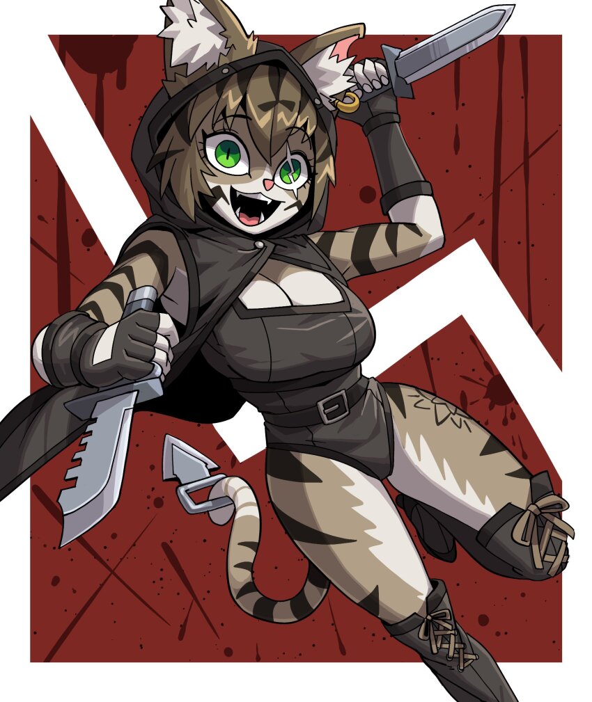 1girl, animal_ears, bare_shoulders, bbtan, belt, black_gloves, border, breasts, cat_ears, cat_girl, cat_tail, cleavage, cleavage_cutout, clothing_cutout, commentary, dagger, ear_piercing, english_commentary, fingerless_gloves, furry, furry_female, gloves, green_eyes, highres, holding, holding_dagger, holding_knife, holding_weapon, hood, kneehighs, knife, large_breasts, leotard, looking_at_viewer, open_mouth, original, outside_border, piercing, scar, scar_on_face, sharp_teeth, sleeveless, socks, solo, tail, tattoo, teeth, vertical_pupils, weapon, white_border