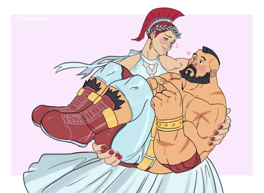 1girl, bara, beard, blush, body_fur, capcom, carrying, cross-laced_footwear, dress, facial_hair, fidgeting, full_body, heart, hetero, highres, index_fingers_together, large_feet, large_hands, laurel_crown, marco_rodrigues_(saikyokugen), marisa_(street_fighter), mature_male, mohawk, muscular, muscular_male, princess_carry, raised_eyebrows, reverse_princess_carry, scar, scar_on_arm, shy, street_fighter, street_fighter_6, topless_male, white_dress, wide-eyed, wrestling_outfit, zangief