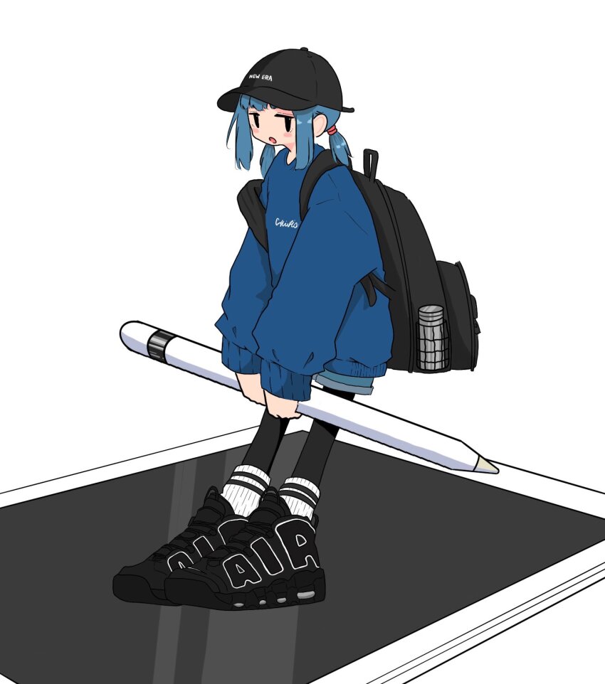 1girl, apple_pencil, backpack, bag, baseball_cap, black_bag, black_eyes, black_hat