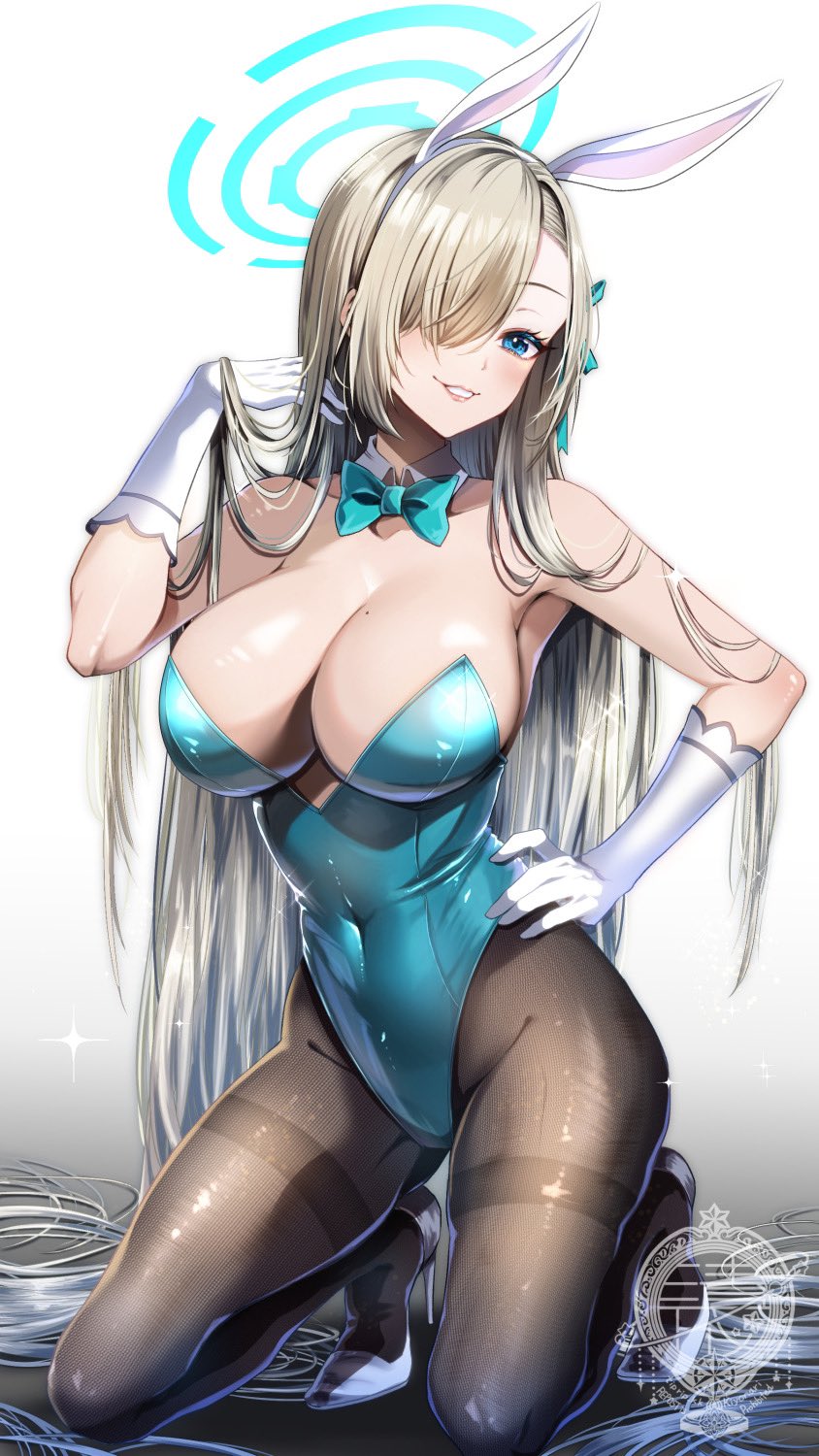 1girl, animal_ears, aqua_leotard, asuna_(blue_archive), asuna_(bunny)_(blue_archive), asymmetrical_bangs, bare_shoulders, blonde_hair