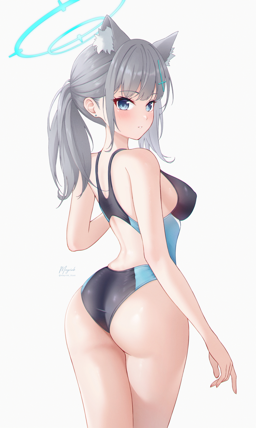 1girl, absurdres, animal_ear_fluff, animal_ears, arm_at_side, artist_name, ass, back, bare_arms, bare_shoulders, blue_archive, blue_eyes, blue_halo, blush, breasts, competition_swimsuit, covered_erect_nipples, cowboy_shot, cross_hair_ornament, earrings, expressionless, eyelashes, from_behind, grey_hair, hair_ornament, halo, hand_up, highres, jewelry, long_hair, looking_to_the_side, medium_breasts, meyrink, mismatched_pupils, multicolored_swimsuit, one-piece_swimsuit, parted_lips, ponytail, shiroko_(blue_archive), shiroko_(swimsuit)_(blue_archive), sideboob, sidelocks, simple_background, solo, standing, swimsuit, teeth, turning_head, white_background