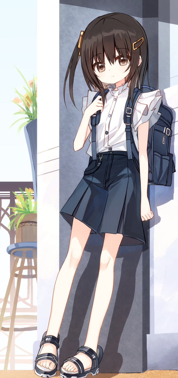 1girl, backpack, bag, black_hair, black_sandals, black_shorts, brown_eyes, closed_mouth