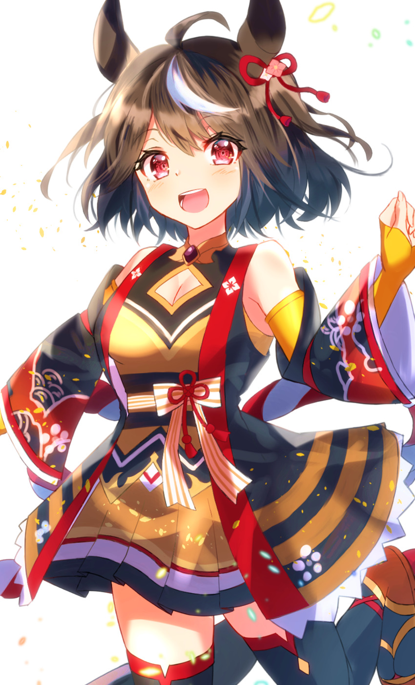 1girl, absurdres, animal_ears, black_thighhighs, breasts, cleavage, cleavage_cutout, clothing_cutout, commentary_request, cowboy_shot, fingerless_gloves, gloves, hair_ornament, highres, horse_ears, horse_girl, kitasan_black_(umamusume), looking_at_viewer, medium_breasts, multicolored_hair, open_mouth, red_eyes, simple_background, solo, sorusugar0141, streaked_hair, thighhighs, umamusume, white_background, white_hair