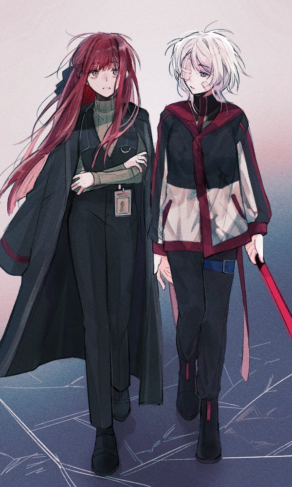 2girls, bandage_on_face, bandage_over_one_eye, bandages, bandaid, bandaid_on_cheek, bandaid_on_face, belt