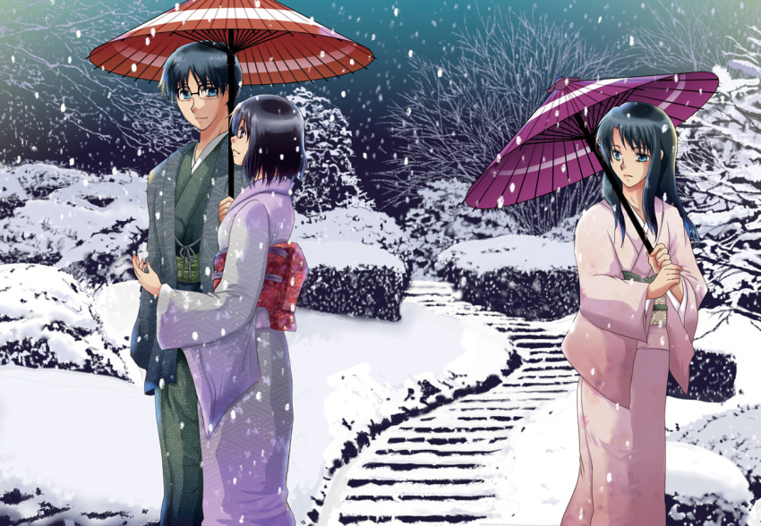 1boy, 2girls, black_hair, couple, hetero, japanese_clothes, kara_no_kyoukai, kimono