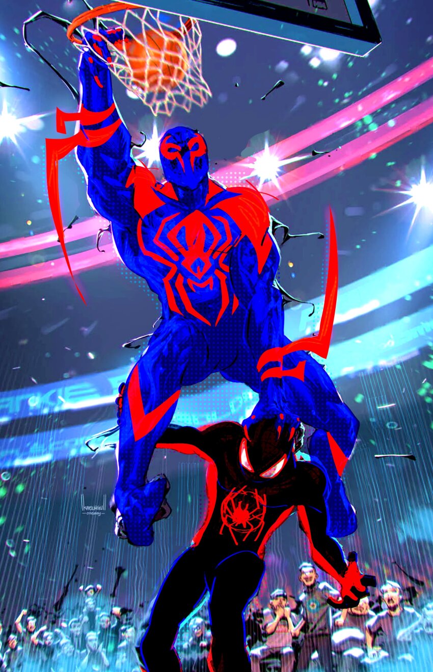 6+boys, absurdres, animal_print, audience, ball, basketball, basketball_(object), basketball_court, basketball_hoop, blue_bodysuit, bodysuit, broad_shoulders, camera_flash, catd3mon, halo, halo_grab, highres, holding_halo, looking_at_viewer, male_focus, marvel, meme, miguel_o'hara, miles_morales, multicolored_bodysuit, multiple_boys, muscular, muscular_male, playing_sports, print_bodysuit, red_bodysuit, skin_tight, slam_dunk_(basketball), spider-man:_across_the_spider-verse, spider-man:_into_the_spider-verse, spider-man_(2099), spider-man_(miles_morales), spider-man_(series), spider-verse, spider_print, spider_web_print, superhero_costume, two-tone_bodysuit, venom_dunking_on_spider-man_(meme)